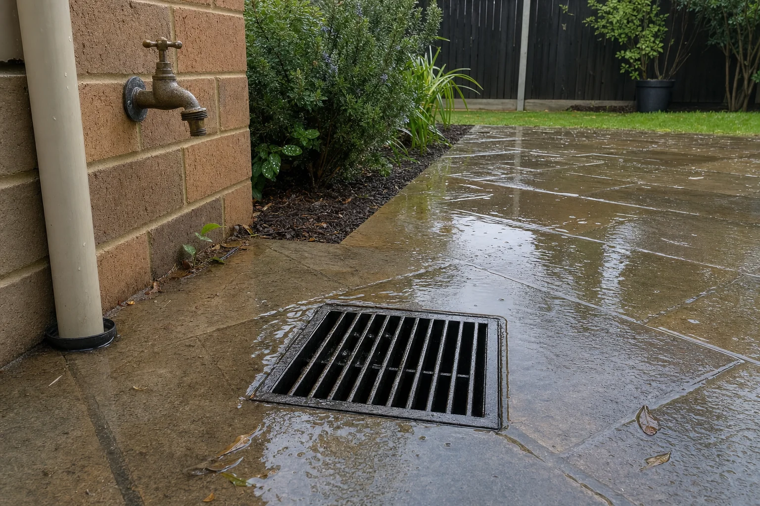 Water pooling around an outdoor gully trap drain in a backyard