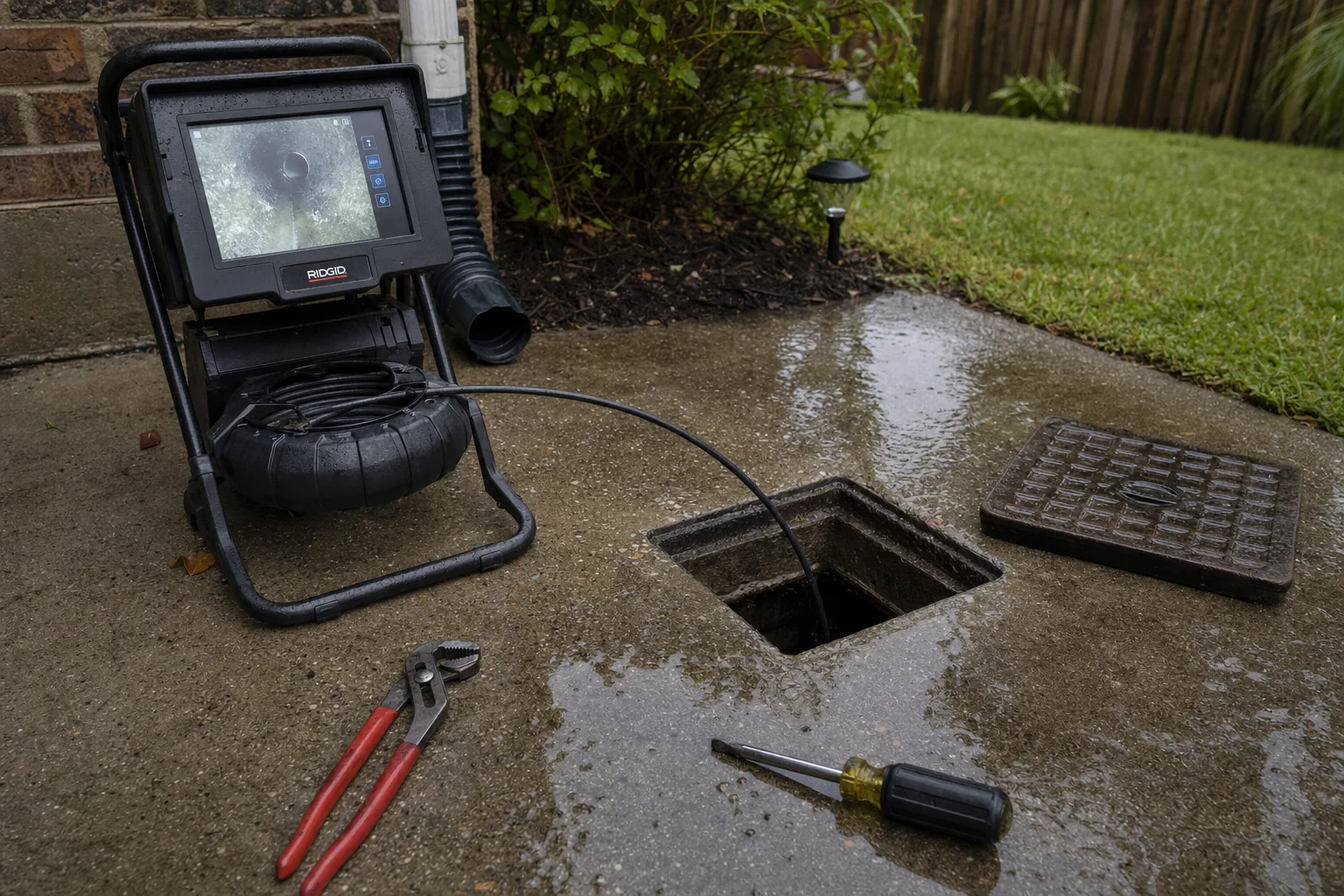 A CCTV drain camera cable feeding into an open drain access point in a backyard