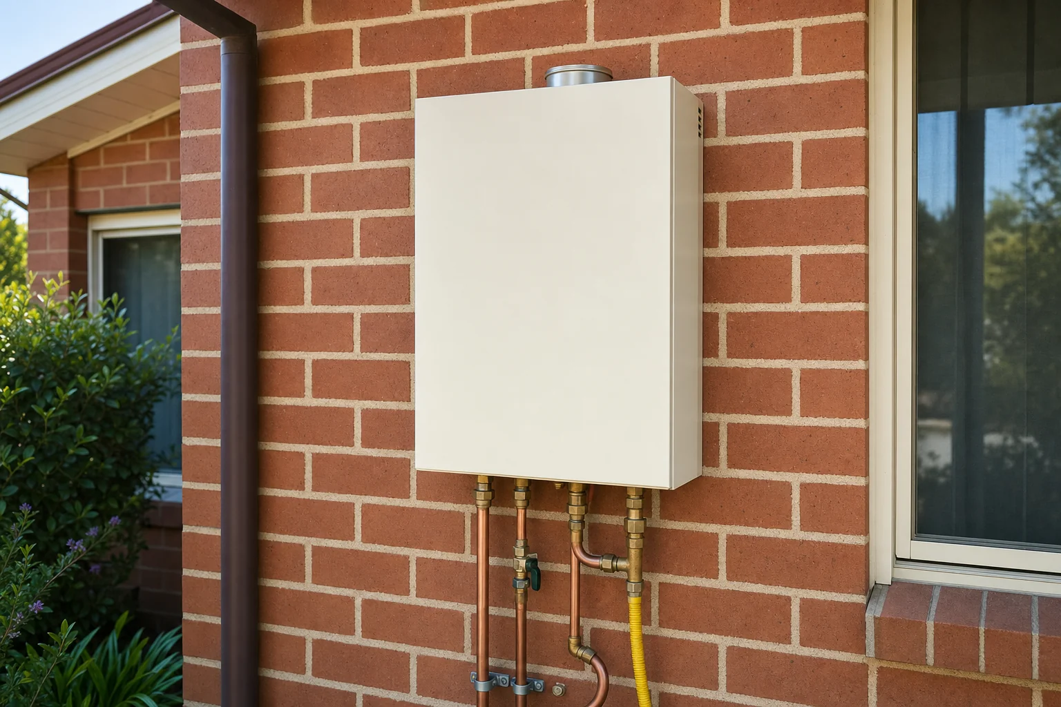 A continuous flow gas water heater unit mounted on an exterior house wall