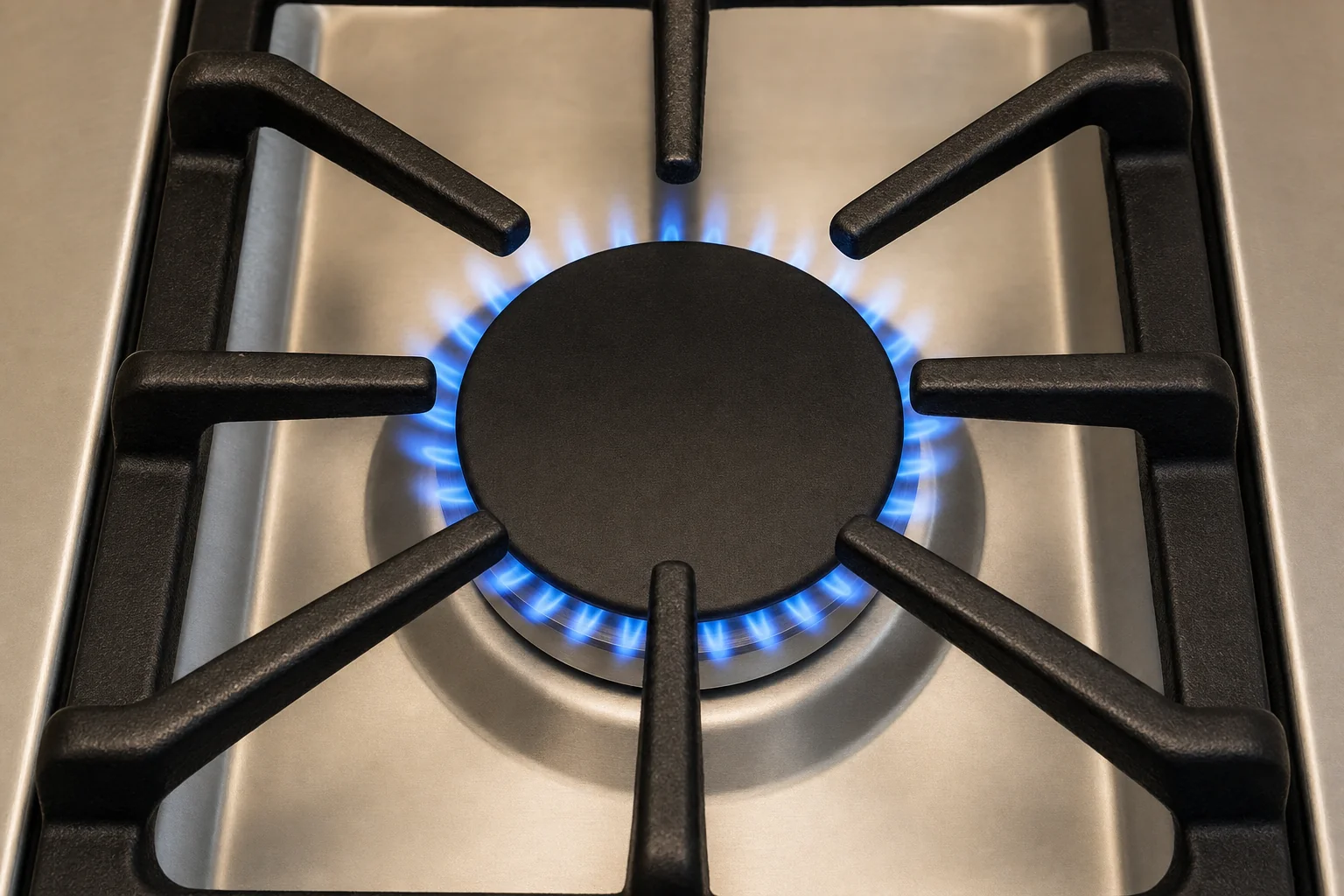 A gas cooktop burner lit with a clean blue flame ring