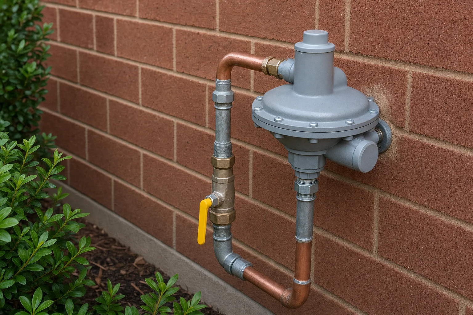 A residential gas meter and copper pipework on the exterior wall of a suburban home