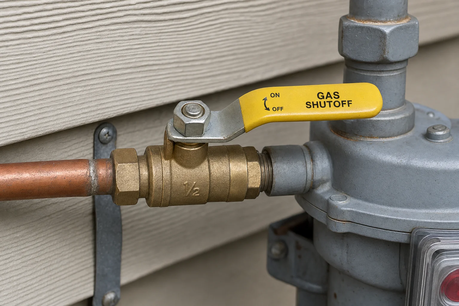 A yellow-handled gas isolation shutoff valve on a copper gas line at a meter