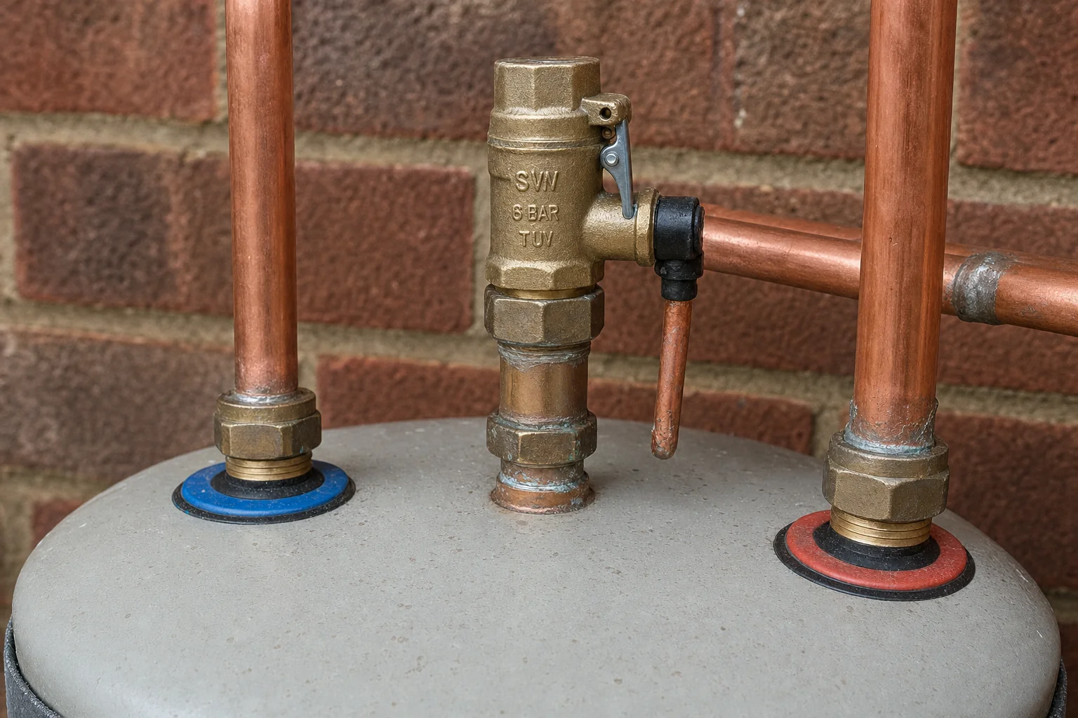 Copper pipework and a pressure relief valve at the top of a hot water storage tank