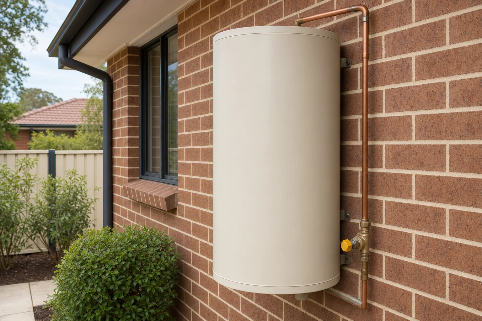 An outdoor gas storage hot water system mounted on the brick wall of a suburban home